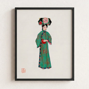Framed Illustration Woman Traditional Chinese Attire Ornate Green Qing Dynasty Fashion, Manchu, Art