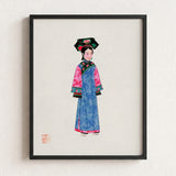 Framed Illustration Woman Traditional Chinese Attire Blue Robe Qing Dynasty Manchu, Fashion, Art
