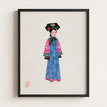 Framed Illustration Woman Traditional Chinese Attire Blue Robe Qing Dynasty Manchu, Fashion, Art