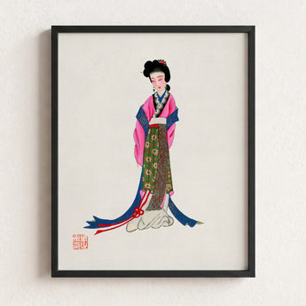 Framed Illustration Traditional Chinese Woman Ornate Pink Blue Tang Dynasty Opulence, Qing Manchu, Fashion Art