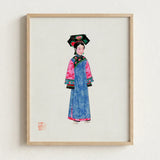 Framed Illustration Woman Traditional Chinese Attire Blue Robe Qing Dynasty Manchu, Fashion, Art