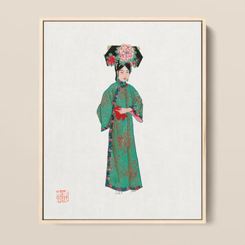 Framed Artwork Woman Traditional Chinese Attire Ornate Green Qing Dynasty Fashion, Manchu, Art