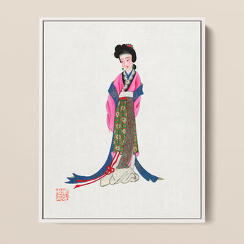 Framed Traditional Chinese Painting Woman Elegant Pink Blue Tang Dynasty Opulence, Qing Manchu, Fashion Art