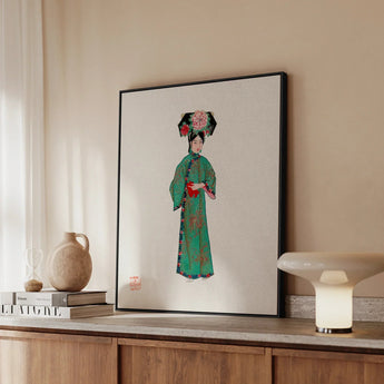 Noblewoman - Manchu Fashion Art Print / Canvas Framed Artwork Woman Ornate Green Traditional Chinese Gown Qing Dynasty Fashion, Manchu