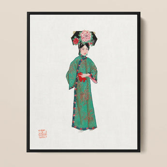 Noblewoman - Manchu Fashion Art Print / Canvas Framed Artwork Woman Traditional Chinese Attire Ornate Green Qing Dynasty Fashion, Manchu