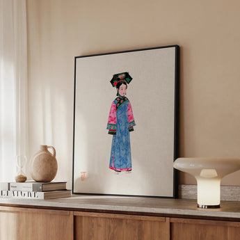 Noblewoman - Manchu Fashion Art Print / Canvas Framed Illustration Woman Traditional Chinese Attire Intricate Floral Qing Dynasty Manchu,