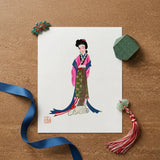 Delicate Illustration Traditional Chinese Woman Pink Green Layered Tang Dynasty Opulence, Qing Manchu, Fashion Art