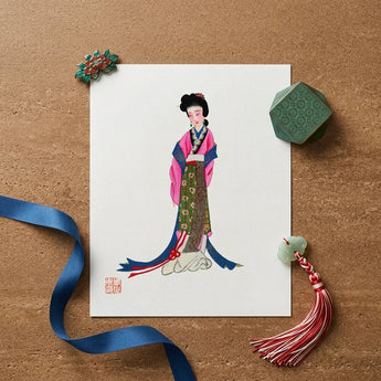 Delicate Illustration Traditional Chinese Woman Pink Green Layered Tang Dynasty Opulence, Qing Manchu, Fashion Art