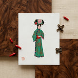 Noblewoman - Manchu Fashion Art Print / Canvas Vibrant Green Embroidered Chinese Opera Costume Print White Qing Dynasty Fashion, Manchu