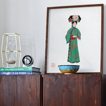 Noblewoman - Manchu Fashion Art Print, Framed Artwork Figure Traditional Chinese Dynasty Dress Green