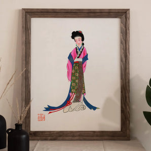 Noblewoman - Manchu Fashion Art Print, Framed Artwork Japanese Geisha Traditional Colorful Kimono