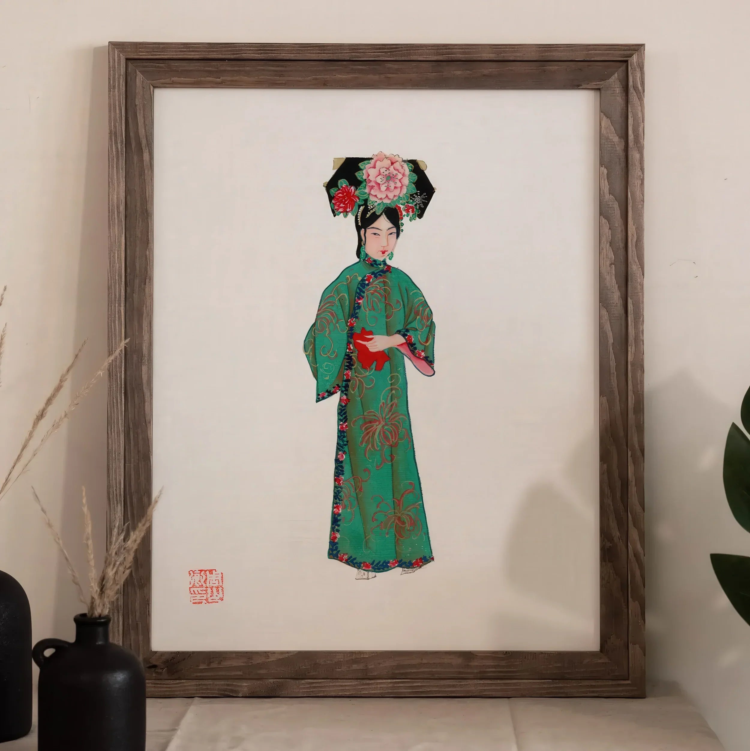 Noblewoman Manchu Fashion Art Print, Framed Artwork Woman Traditional Chinese Attire Ornate Headdress