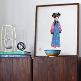 Noblewoman - Manchu Fashion Art Print, Framed Watercolor Artwork Figure Traditional Chinese Dynasty Dress