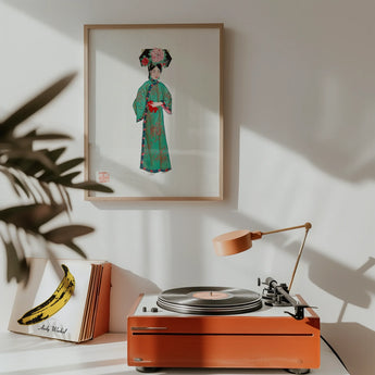 Noblewoman - Manchu Fashion Art Print, Orange Turntable Silver Tonearm Platter