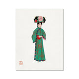 Noblewoman - Manchu Fashion Art Print, Traditional Chinese Illustration Figure Ornate Green Robe Floral