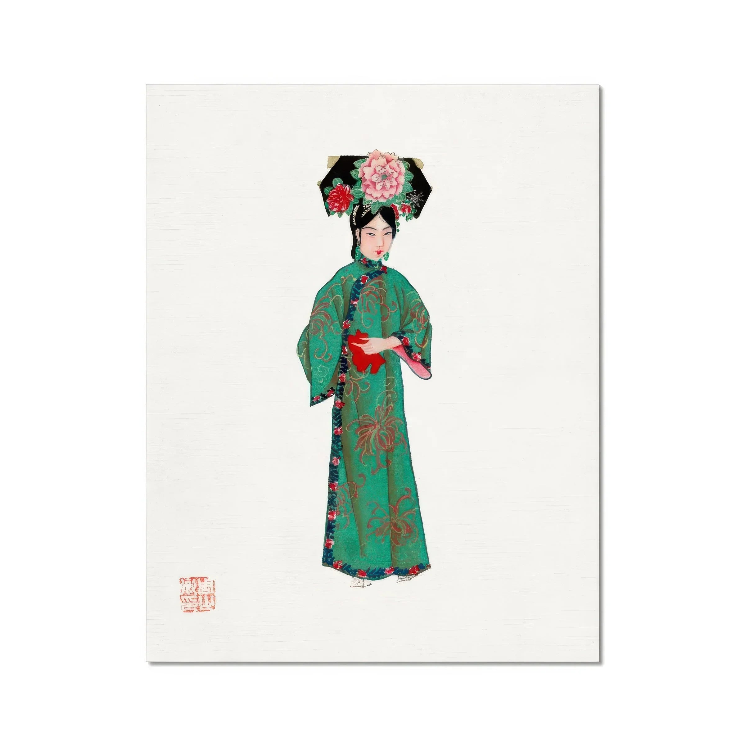 Noblewoman Manchu Fashion Art Print, Traditional Chinese Illustration Figure Ornate Green Robe Floral