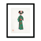 Noblewoman - Manchu Fashion Art Print, Traditional Chinese Illustration Woman Green Floral Kimono Red