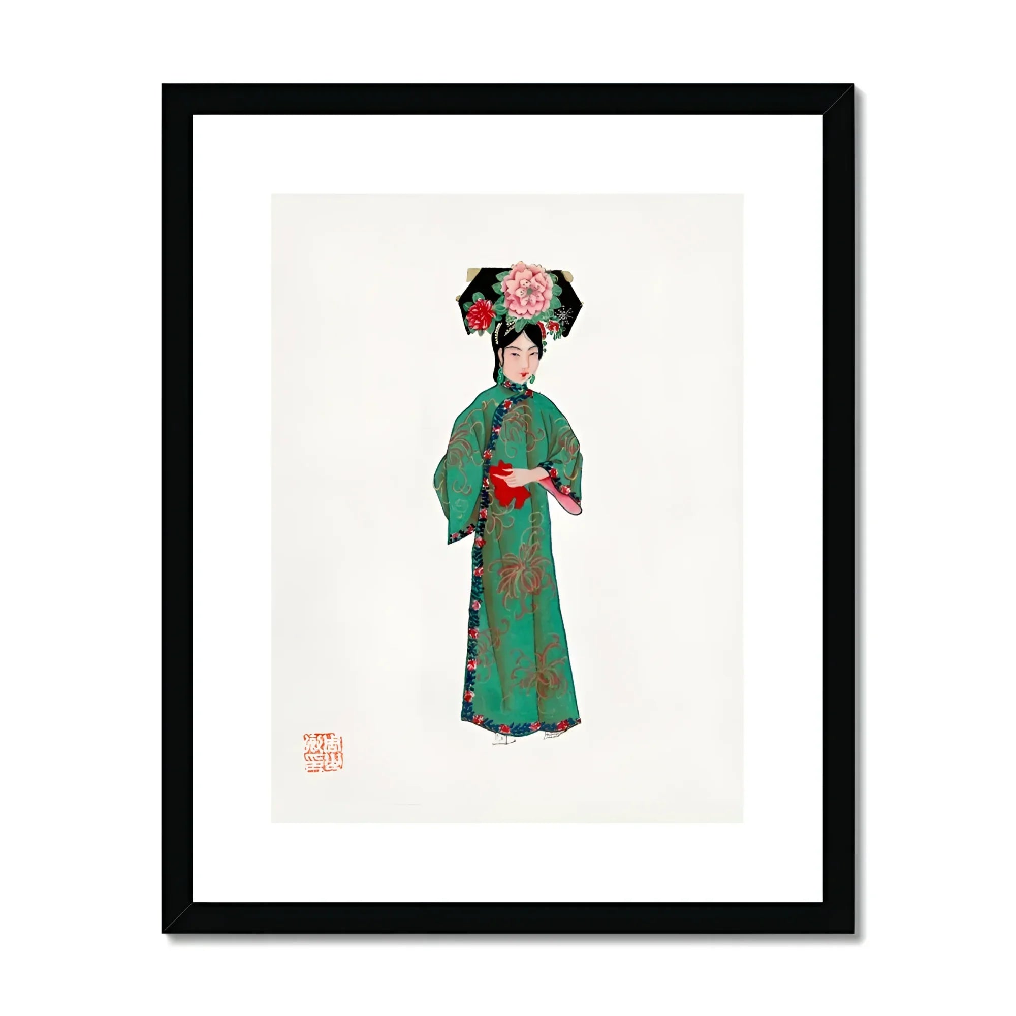 Noblewoman - Manchu Fashion Art Print, Traditional Chinese Illustration Woman Green Floral Kimono Red