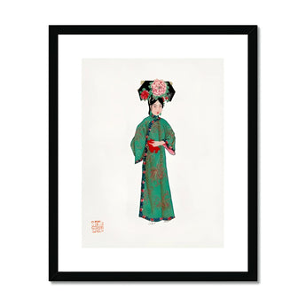 Noblewoman - Manchu Fashion Art Print, Traditional Chinese Illustration Woman Green Floral Kimono Red