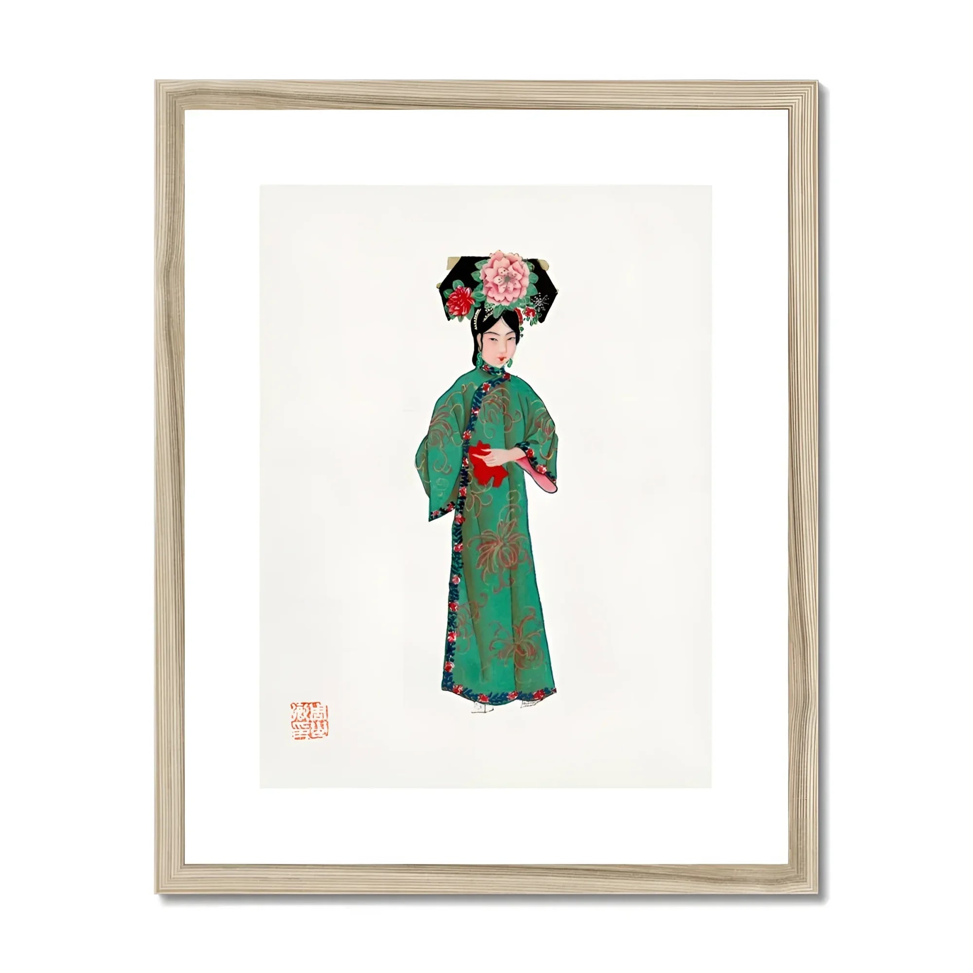 Noblewoman - Manchu Fashion Art Print, Traditional Chinese Art Print Woman Green Floral Robe