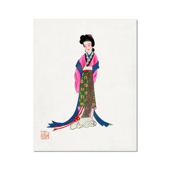 Noblewoman - Manchu Fashion Art Print, Traditional Japanese Artwork Geisha Pink Blue Kimono Green