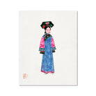 Noblewoman Manchu Fashion Art Print, Watercolor Illustration Dynasty Woman Traditional Blue Pink Robe