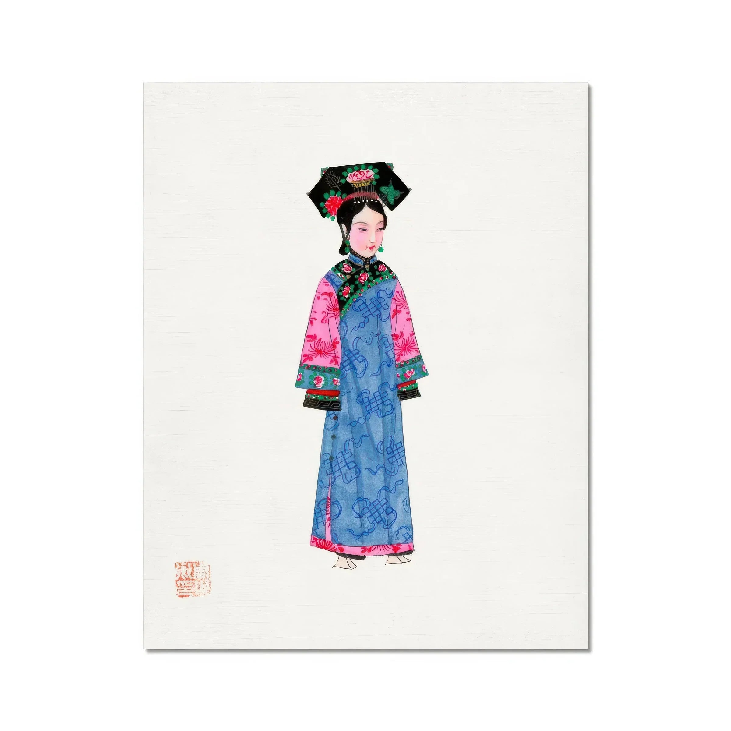 Noblewoman Manchu Fashion Art Print, Watercolor Illustration Dynasty Woman Traditional Blue Pink Robe