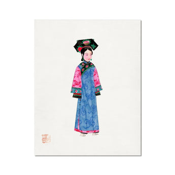 Noblewoman - Manchu Fashion Art Print, Watercolor Illustration Dynasty Woman Traditional Blue Pink Robe