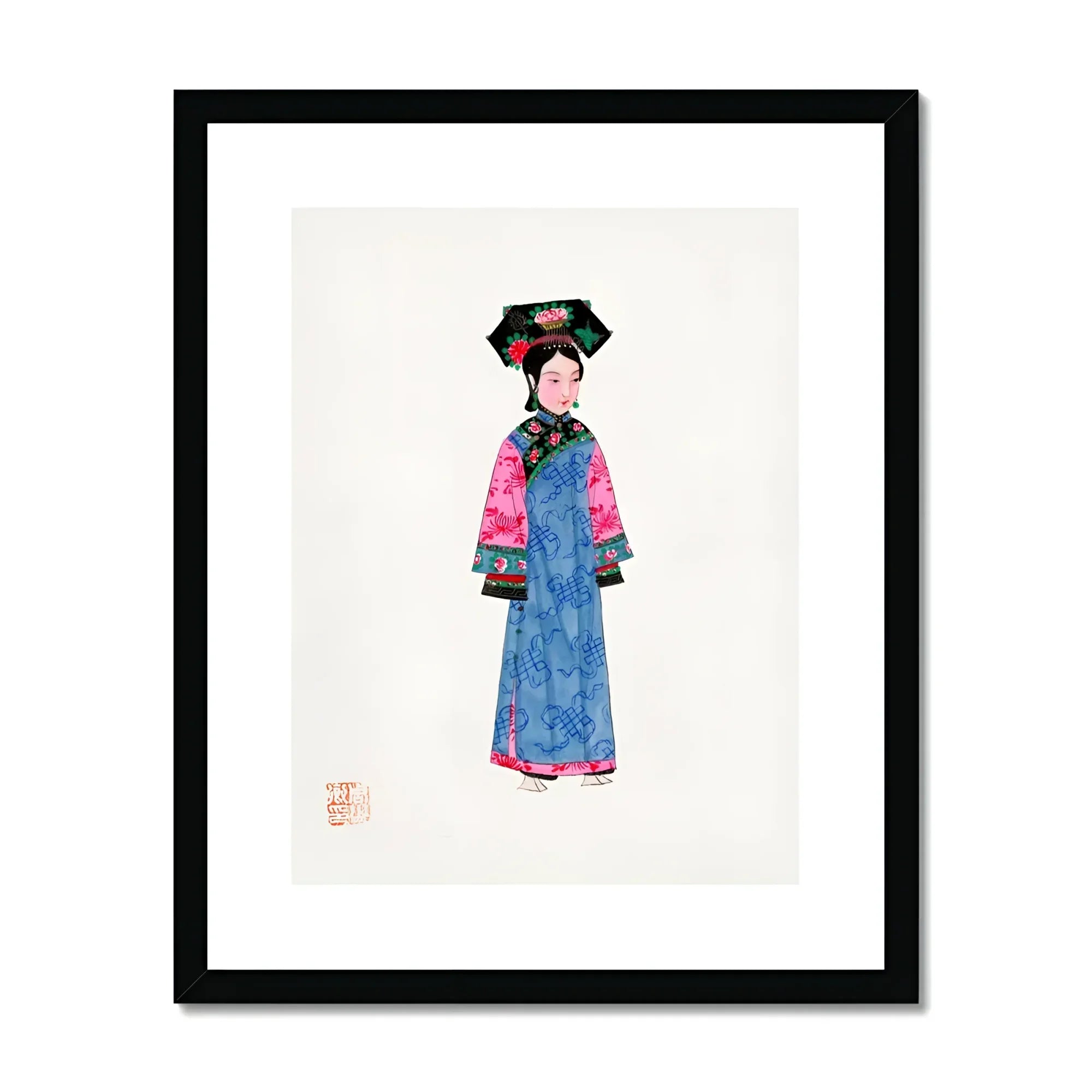 Noblewoman - Manchu Fashion Art Print, Watercolor Illustration Figure Traditional Chinese Dynasty Clothing Blue