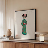 Noblewoman - Manchu Fashion Framed Canvas, Framed Artwork Figure Green Kimono Floral Hair Ornaments