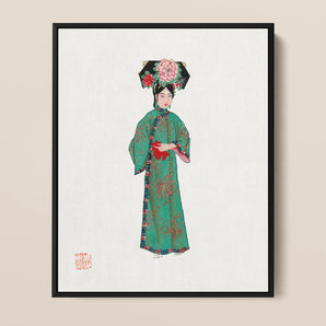 Noblewoman - Manchu Fashion Framed Canvas, Framed Artwork Woman Traditional Chinese Attire Elaborate Floral