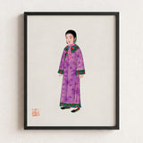 Framed Illustration Woman Traditional Chinese Attire Long Purple Qing Dynasty Elegance, Late, Manchu Fashion Art