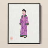 Framed Illustration Woman Traditional Attire Long Purple Robe Qing Dynasty Elegance, Late, Manchu Fashion Art