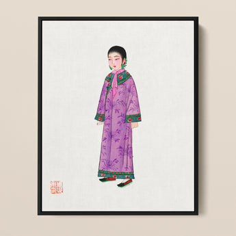 Framed Illustration Woman Traditional Attire Long Purple Robe Qing Dynasty Elegance, Late, Manchu Fashion Art
