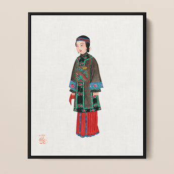 Framed Illustration Woman Traditional Chinese Attire Intricate Embroidery Qing Dynasty Manchu, Fashion Art, Ethnic