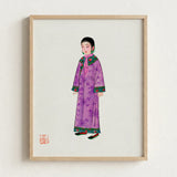 Framed Illustration Woman Traditional Chinese Attire Long Purple Qing Dynasty Elegance, Late, Manchu Fashion Art
