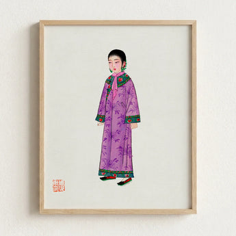 Framed Illustration Woman Traditional Chinese Attire Long Purple Qing Dynasty Elegance, Late, Manchu Fashion Art