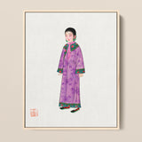Framed Illustration Woman Traditional Attire Long Purple Robe Qing Dynasty Elegance, Late, Manchu Fashion Art