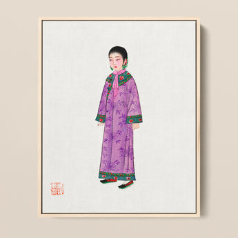 Framed Illustration Woman Traditional Attire Long Purple Robe Qing Dynasty Elegance, Late, Manchu Fashion Art