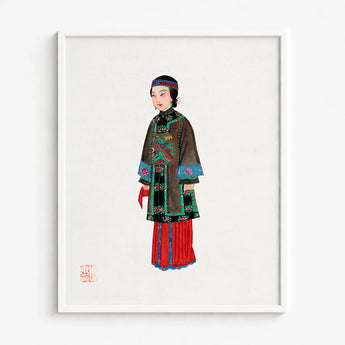Framed Illustration Woman Traditional Chinese Attire Intricate Embroidery Qing Dynasty Manchu, Fashion Art, Ethnic