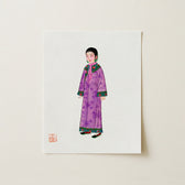 Delicate Illustration Print Woman Traditional Attire Long Purple Qing Dynasty Elegance, Late, Manchu Fashion Art