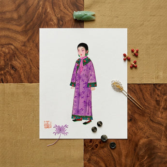 Noblewoman - Qing Dynasty Art Print / Canvas Delicate Illustration Woman Traditional Chinese Attire Vibrant Purple Qing Dynasty Elegance,