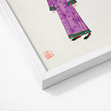 Framed Illustration Woman Traditional Attire Purple Robe Floral Qing Dynasty Elegance, Late, Manchu Fashion Art