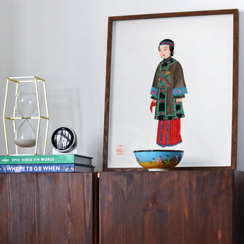 Noblewoman - Qing Dynasty Art Print, Framed Artwork Figure Traditional Chinese Dress Green Robe