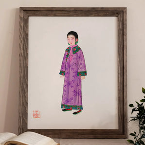 Noblewoman - Qing Dynasty Art Print, Framed Painting Woman Traditional Chinese Attire Purple Robe