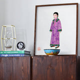 Noblewoman - Qing Dynasty Art Print, Framed Watercolor Illustration Figure Purple Traditional Chinese Robe