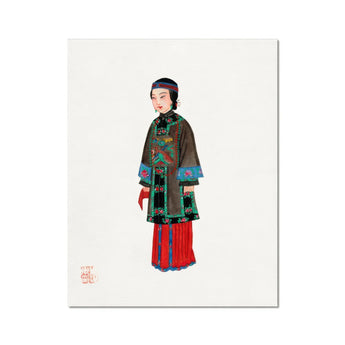 Noblewoman - Qing Dynasty Art Print, Traditional Chinese Illustration Figure Ornate Green Robe Blue