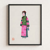 Framed Illustration Woman Traditional Chinese Attire Vibrant Pink Qing Dynasty Winter Fashion, Manchu, Art