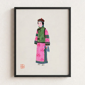 Framed Illustration Woman Traditional Chinese Attire Vibrant Pink Qing Dynasty Winter Fashion, Manchu, Art
