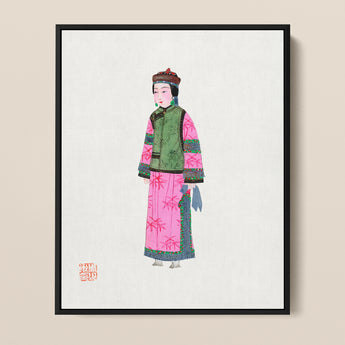 Framed Illustration Woman Traditional Chinese Attire Vibrant Pink Qing Dynasty Winter Fashion, Manchu, Art